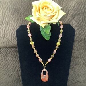 Elegant Antique Style Necklace/Choker, Semi-Precious Jasper Oval Stone Pendant